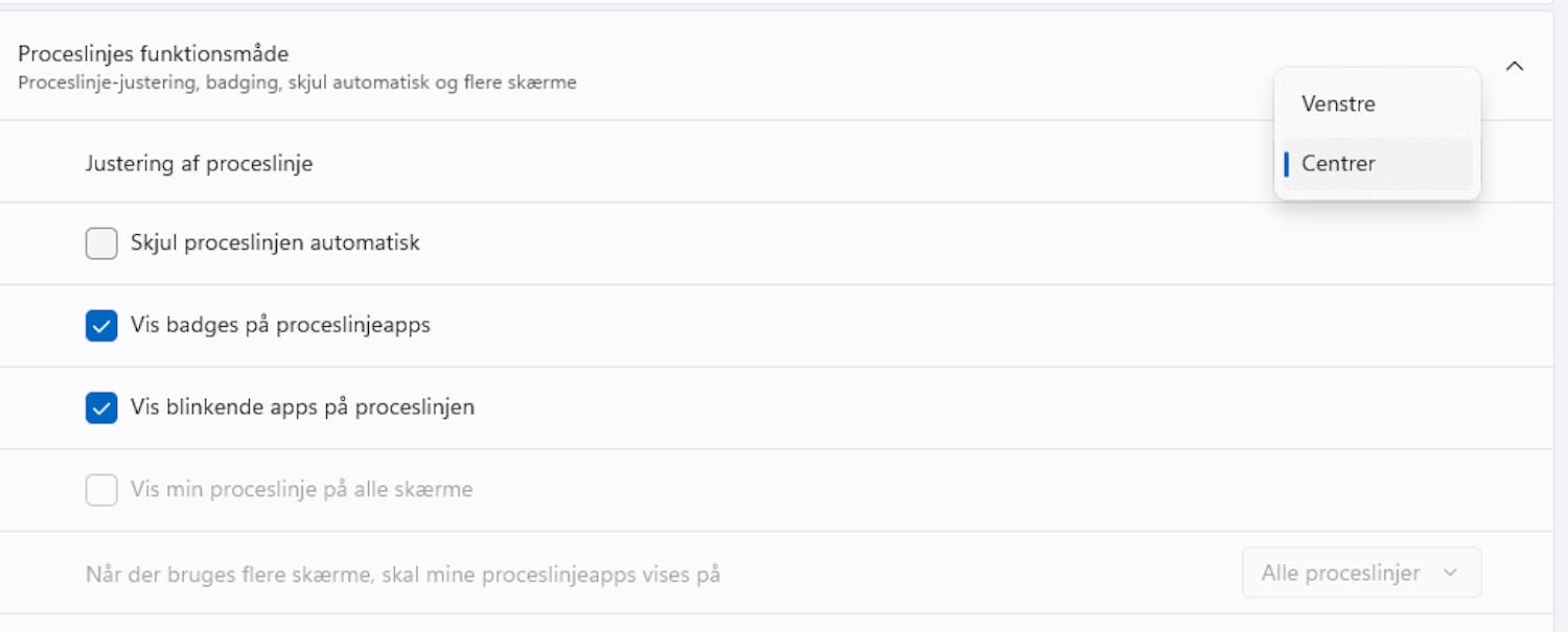 Vänster sida Välj bara Vänster istället för Centrera i Aktivitetsfältets inställningar